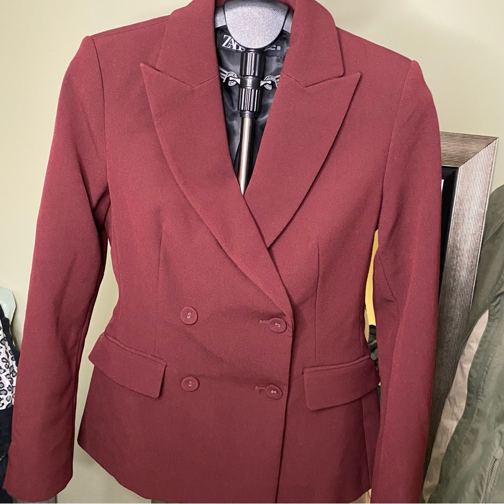 ZARA Burgundy Double Breasted Blazer- Small